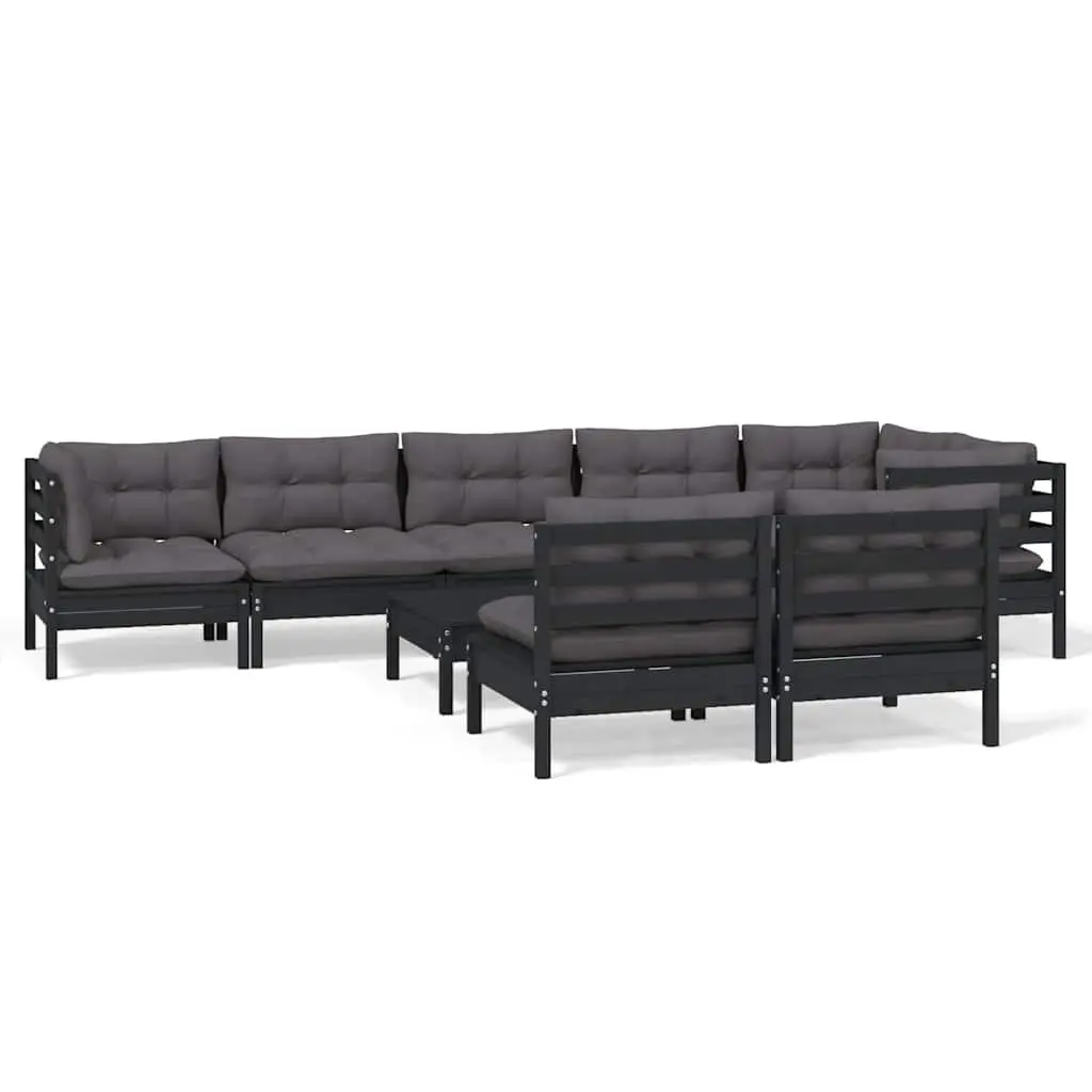Garden Lounge Set 9 Piece Patio Furniture Cushions Black Solid Pinewood