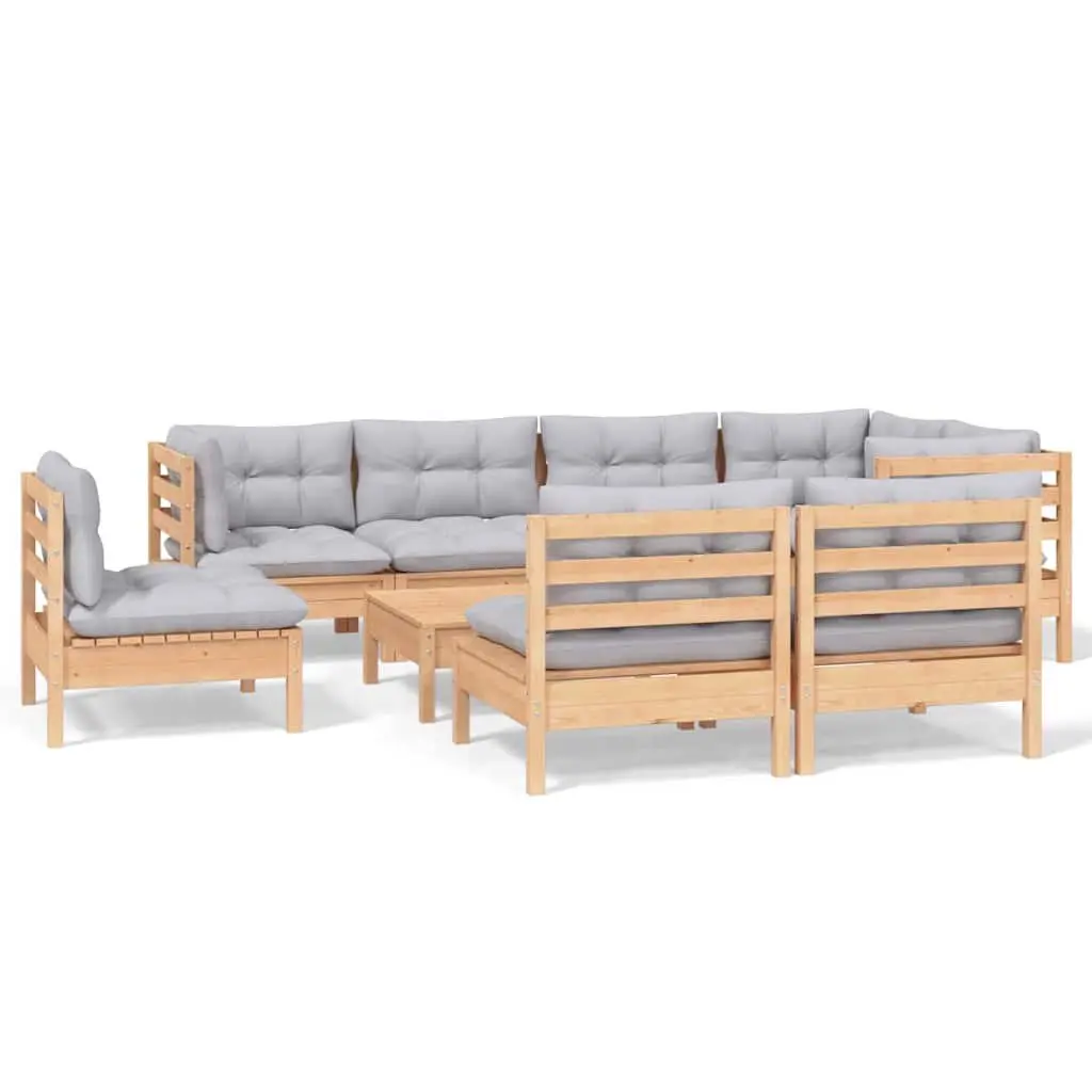 Garden Lounge Set 9 Piece Outdoor Patio Furniture Grey Cushions Pinewood