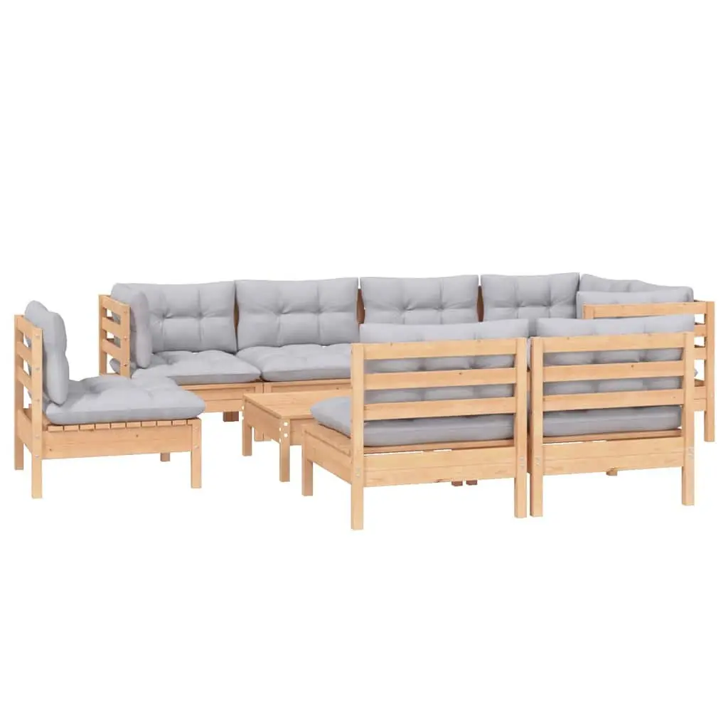 Garden Lounge Set 9 Piece Outdoor Patio Furniture Grey Cushions Pinewood