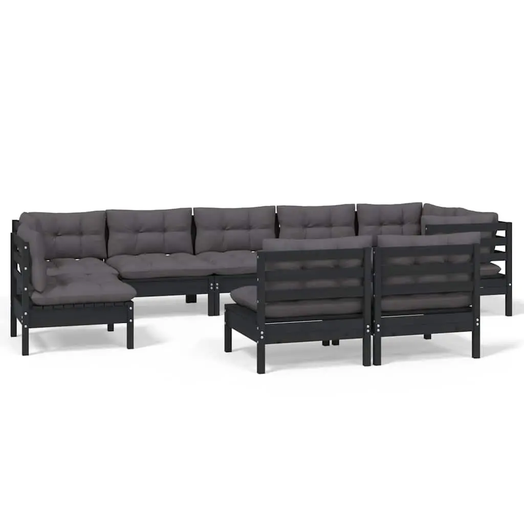 9 Piece Outdoor Garden Lounge Set Modular Black Pinewood Patio Furniture with Cushions