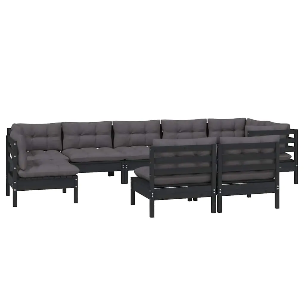 9 Piece Outdoor Garden Lounge Set Modular Black Pinewood Patio Furniture with Cushions