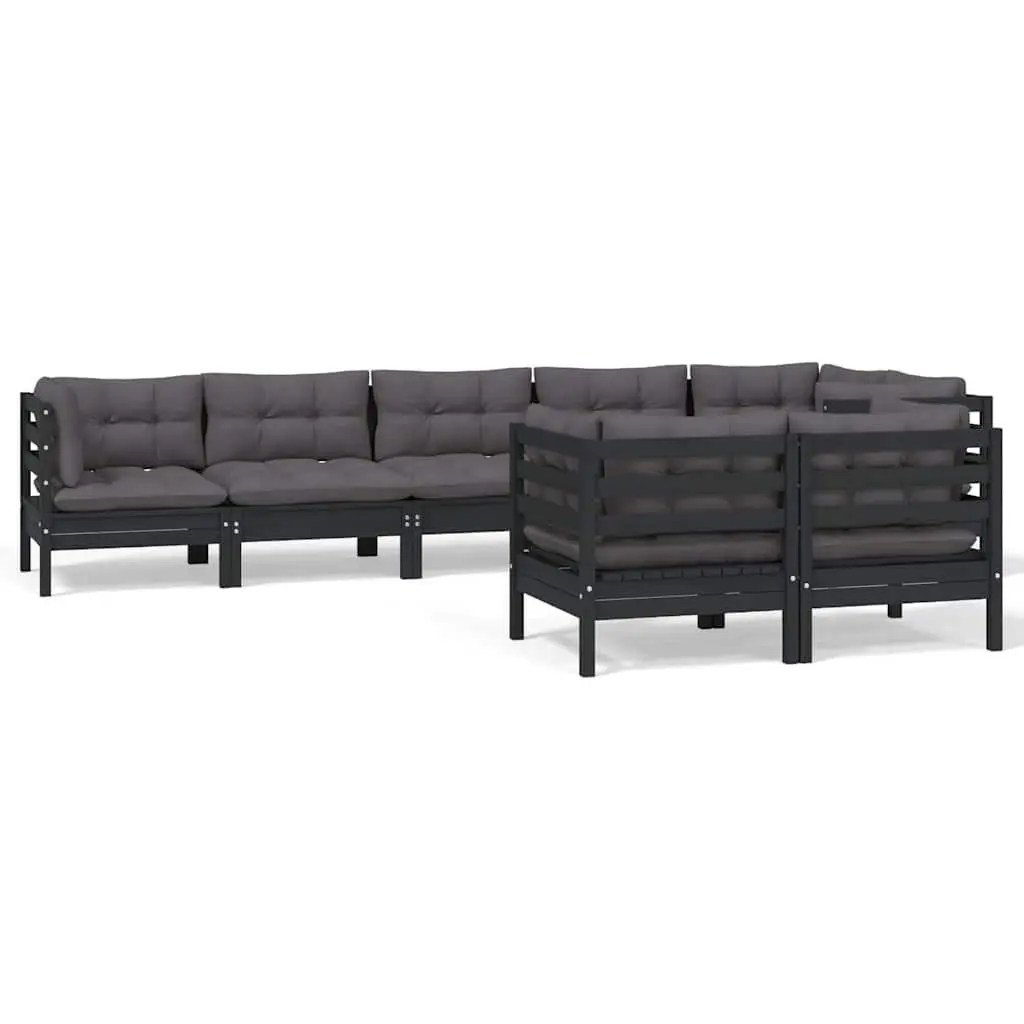 Outdoor Lounge Furniture Set 8 Piece Modular Black Pinewood with Cushions for Patio Garden