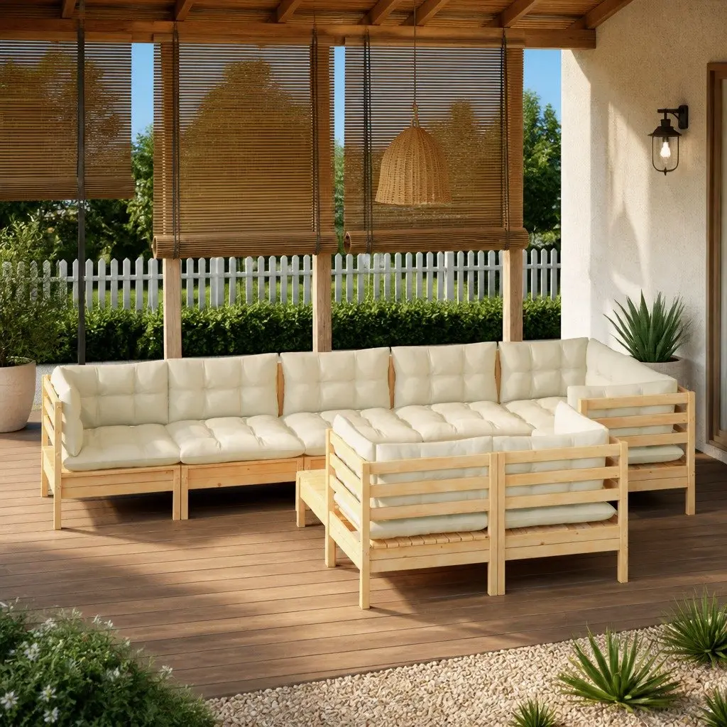 Garden Lounge Set 9 Piece Outdoor Patio Furniture Solid Pinewood Cream Cushions