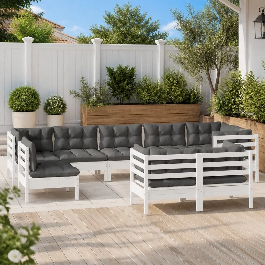 Garden Lounge Set 9 Piece Outdoor Furniture White Pinewood with Cushions