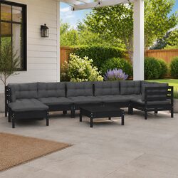 Practical 8 Piece Black Pinewood Lounge Set with Cushions