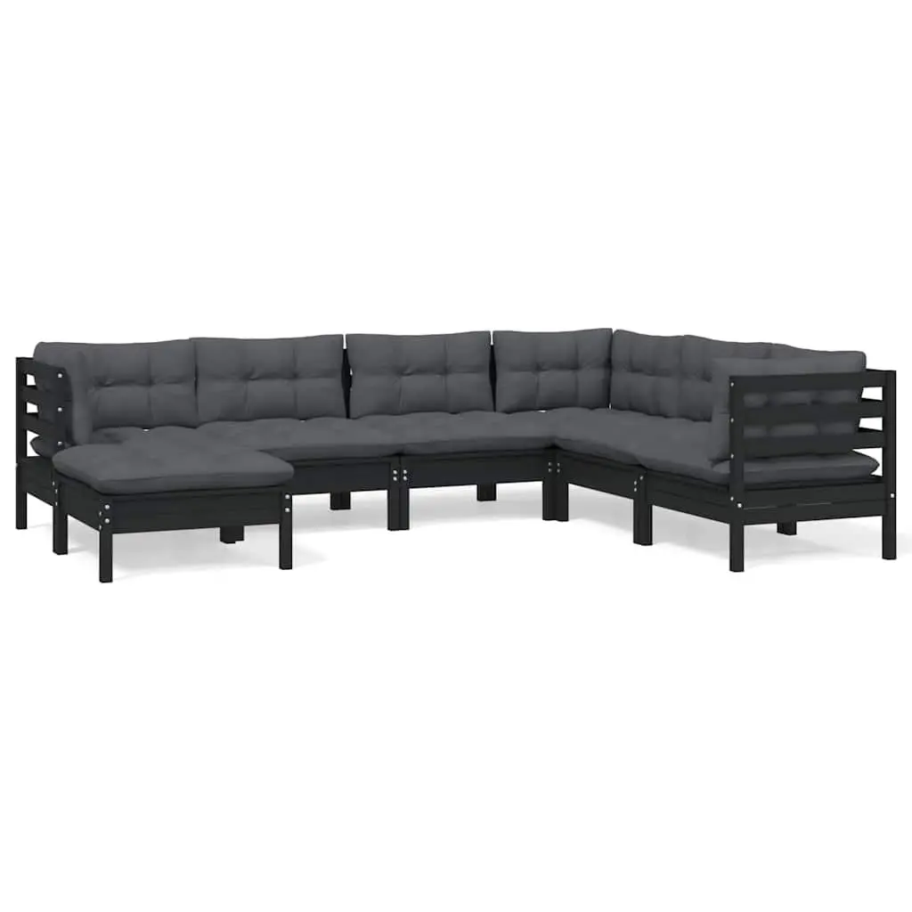 7 Piece Garden Lounge Set Outdoor Patio Furniture Cushions Black Solid Pinewood
