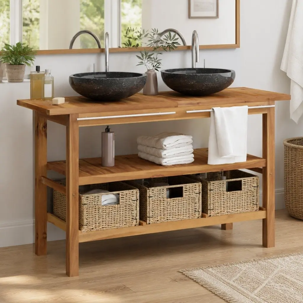 Bathroom Vanity Cabinet Solid Teak Wood Double Sink Storage Unit Black