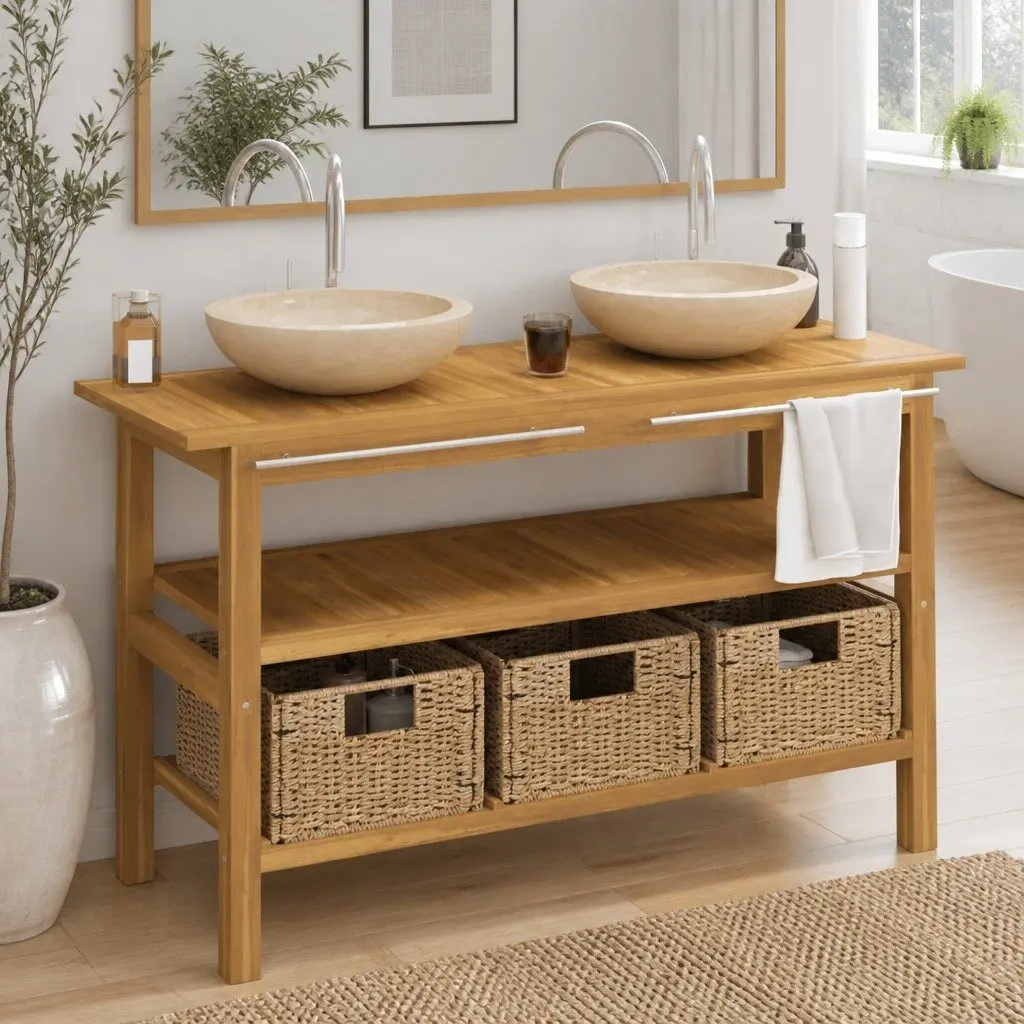 Bathroom Vanity Cabinet 2 Marble Sinks Solid Teak Wood Cream Colour with Storage Baskets