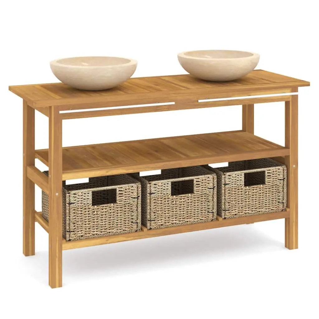 Bathroom Vanity Cabinet 2 Marble Sinks Solid Teak Wood Cream Colour with Storage Baskets
