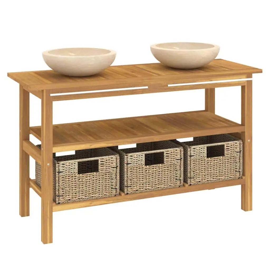 Bathroom Vanity Cabinet 2 Marble Sinks Solid Teak Wood Cream Colour with Storage Baskets