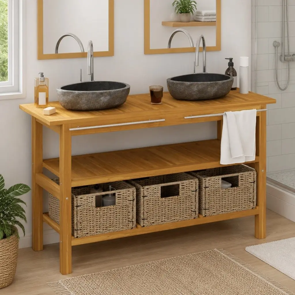 Bathroom Vanity Cabinet Storage Solid Teak Wood Dual Basin River Stone Sinks Cream