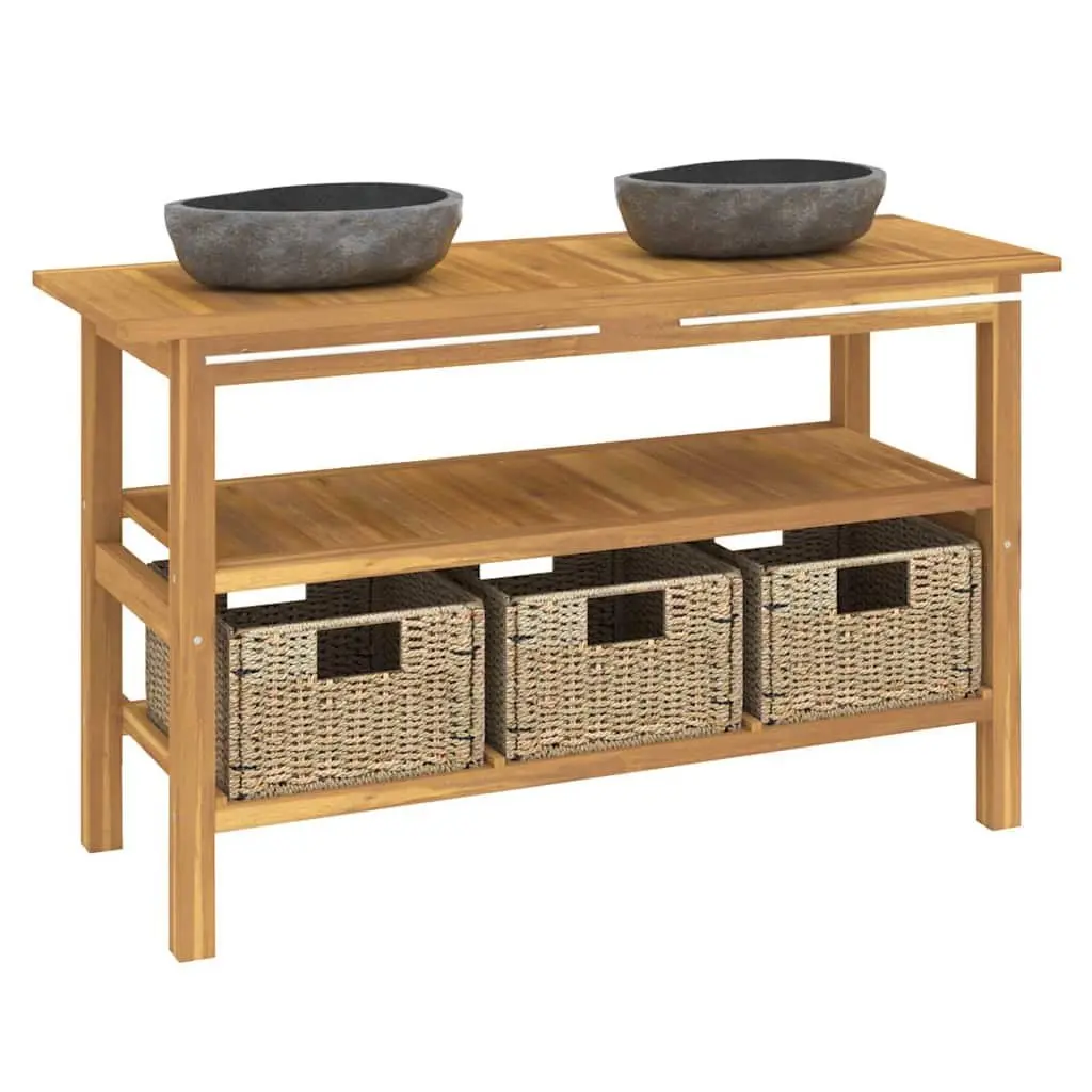Bathroom Vanity Cabinet Storage Solid Teak Wood Dual Basin River Stone Sinks Cream