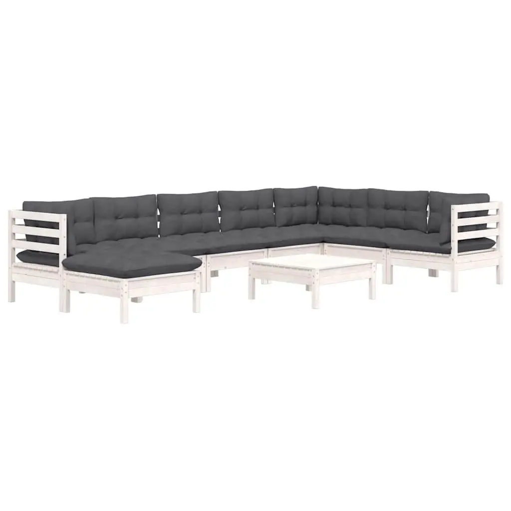 Garden Lounge Set 9 Piece White Solid Pinewood Outdoor Furniture with Cushions