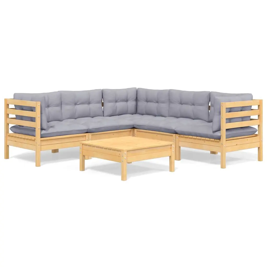Garden Lounge Set 6 Piece Outdoor Patio Furniture with Grey Cushions Solid Wood