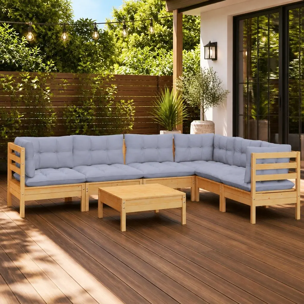 7 Piece Garden Lounge Set Outdoor Patio Furniture Solid Pinewood Grey Cushions