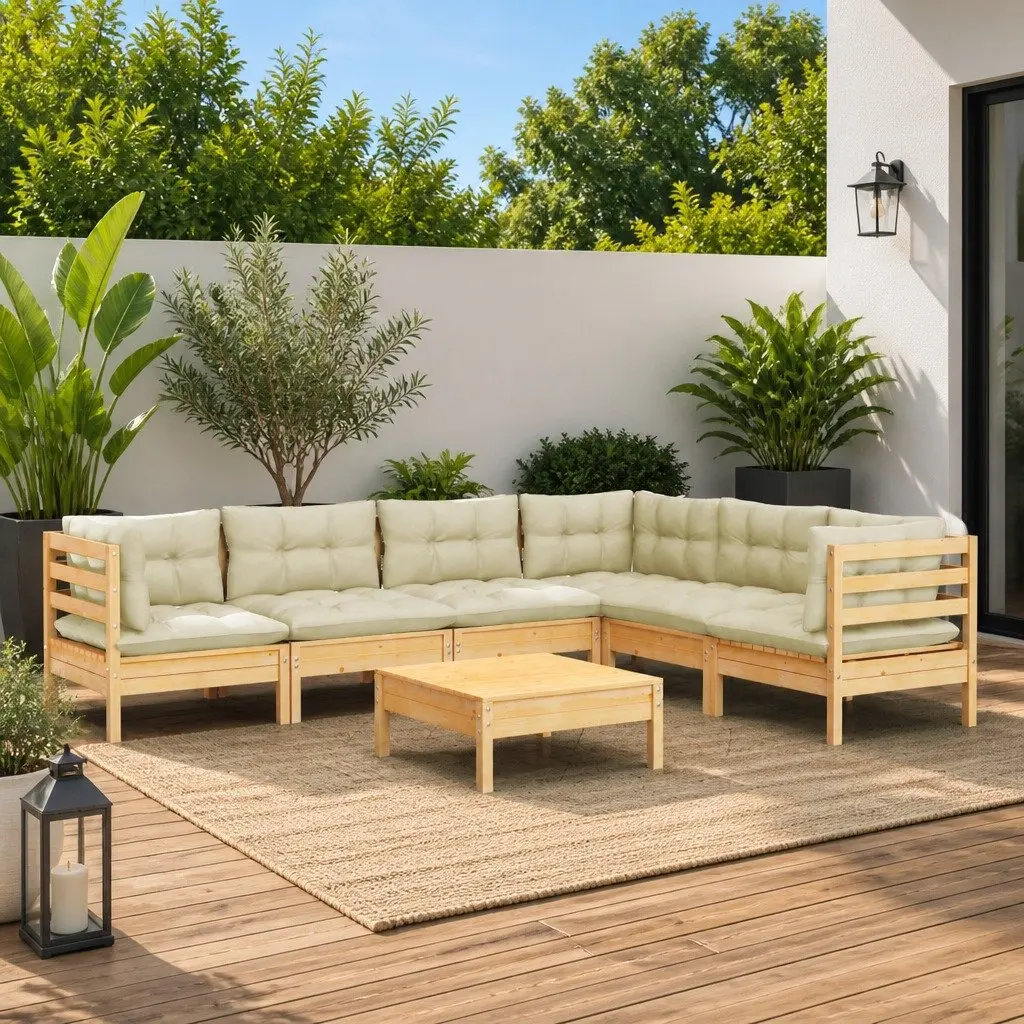 Garden Lounge Set 7 Piece Outdoor Patio Furniture Modular Cream Cushions Solid Pinewood