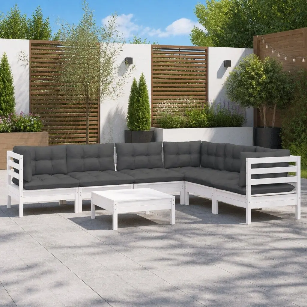 7 Piece Garden Lounge Set White Solid Pinewood Outdoor Patio Furniture with