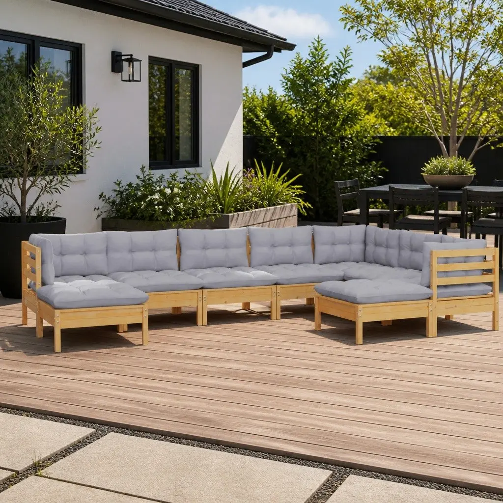Garden Lounge Set 9 Piece Outdoor Patio Furniture Grey Cushions Pinewood