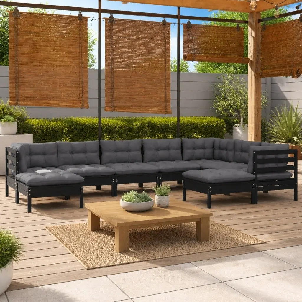 9 Piece Garden Lounge Set Outdoor Patio Furniture Cushions Black Pinewood