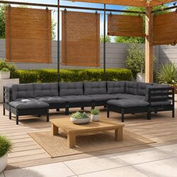 Comfortable 9 Piece Black Pinewood Garden Lounge Set