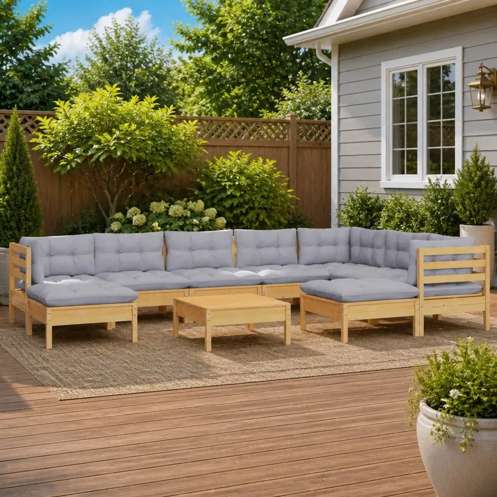 Garden Lounge Set Outdoor Seating 10 Piece Modular Grey Cushions Pinewood