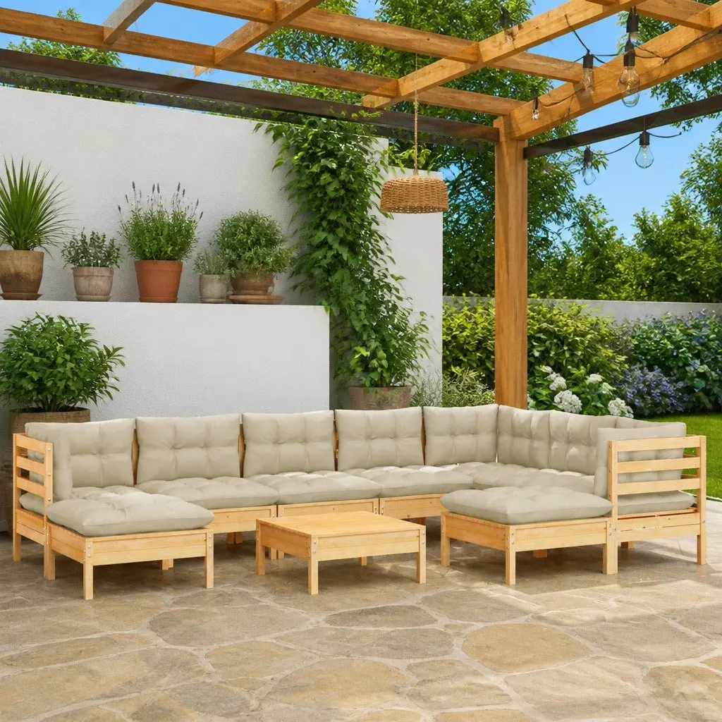 Garden Lounge Set Modular Outdoor Furniture 10 Piece Cream Cushions Pinewood