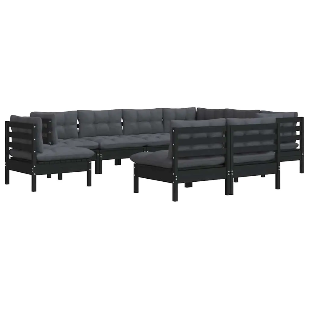 Garden Lounge Set 9 Piece Outdoor Patio Furniture Black Pinewood with Cushions