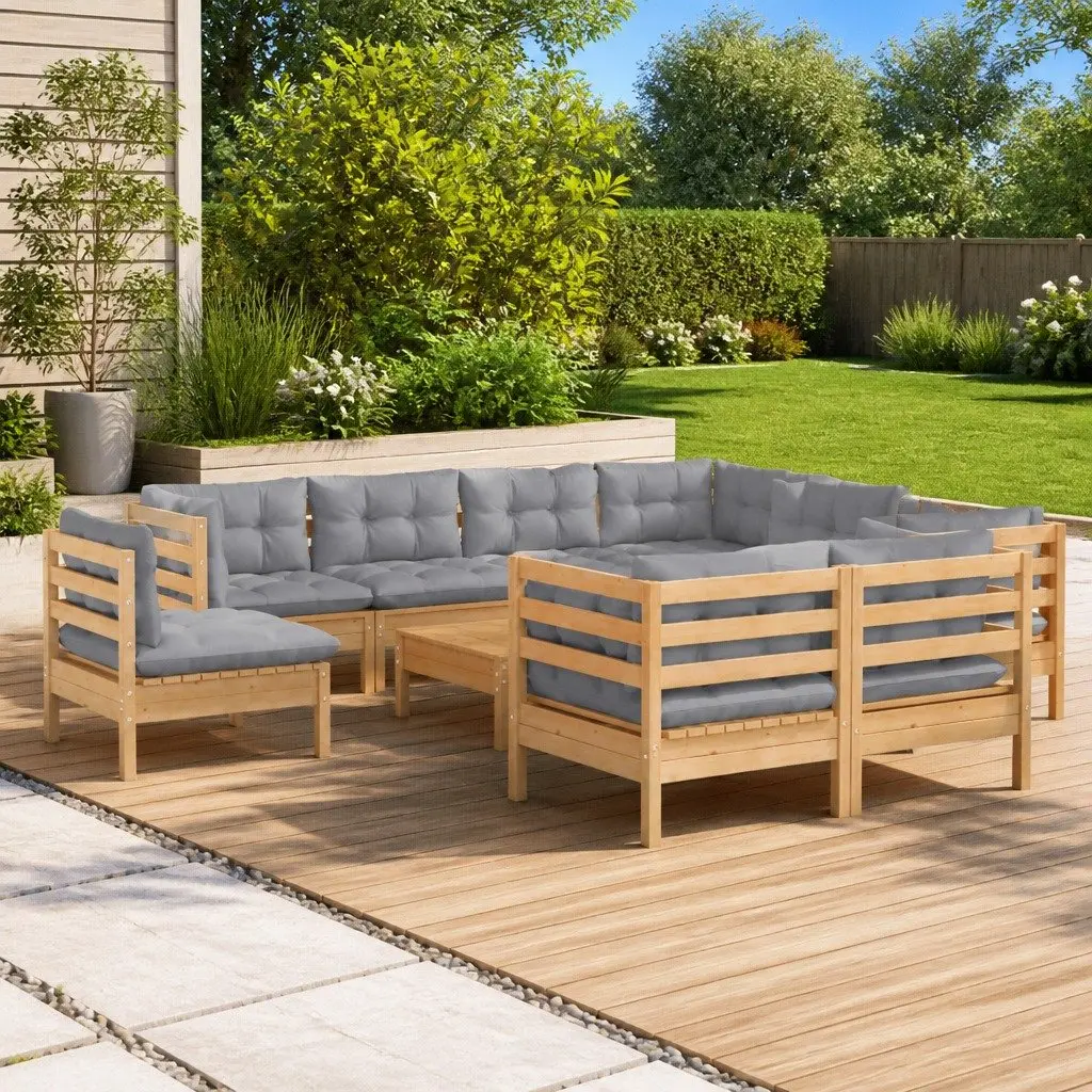 Garden Lounge Set 10 Piece Outdoor Patio Furniture Grey Cushions Solid Wood