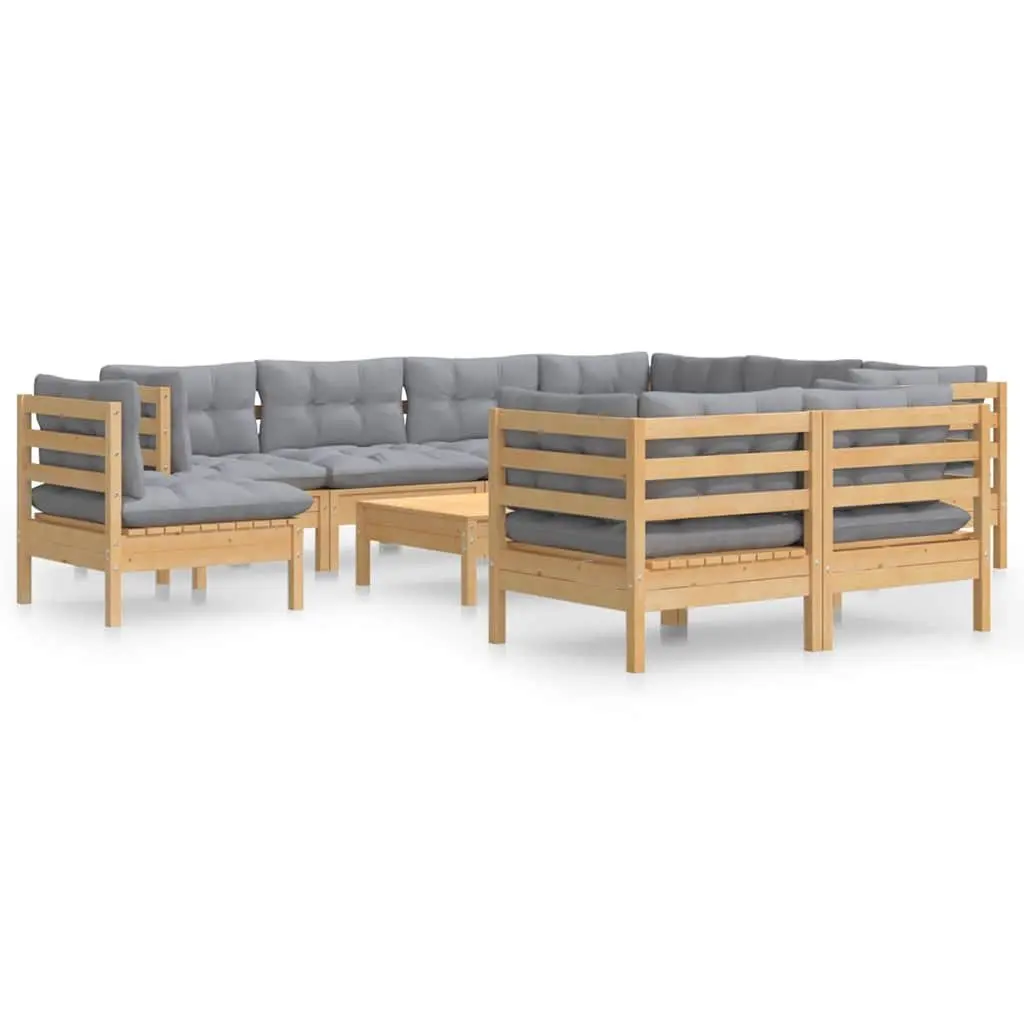 Garden Lounge Set 10 Piece Outdoor Patio Furniture Grey Cushions Solid Wood