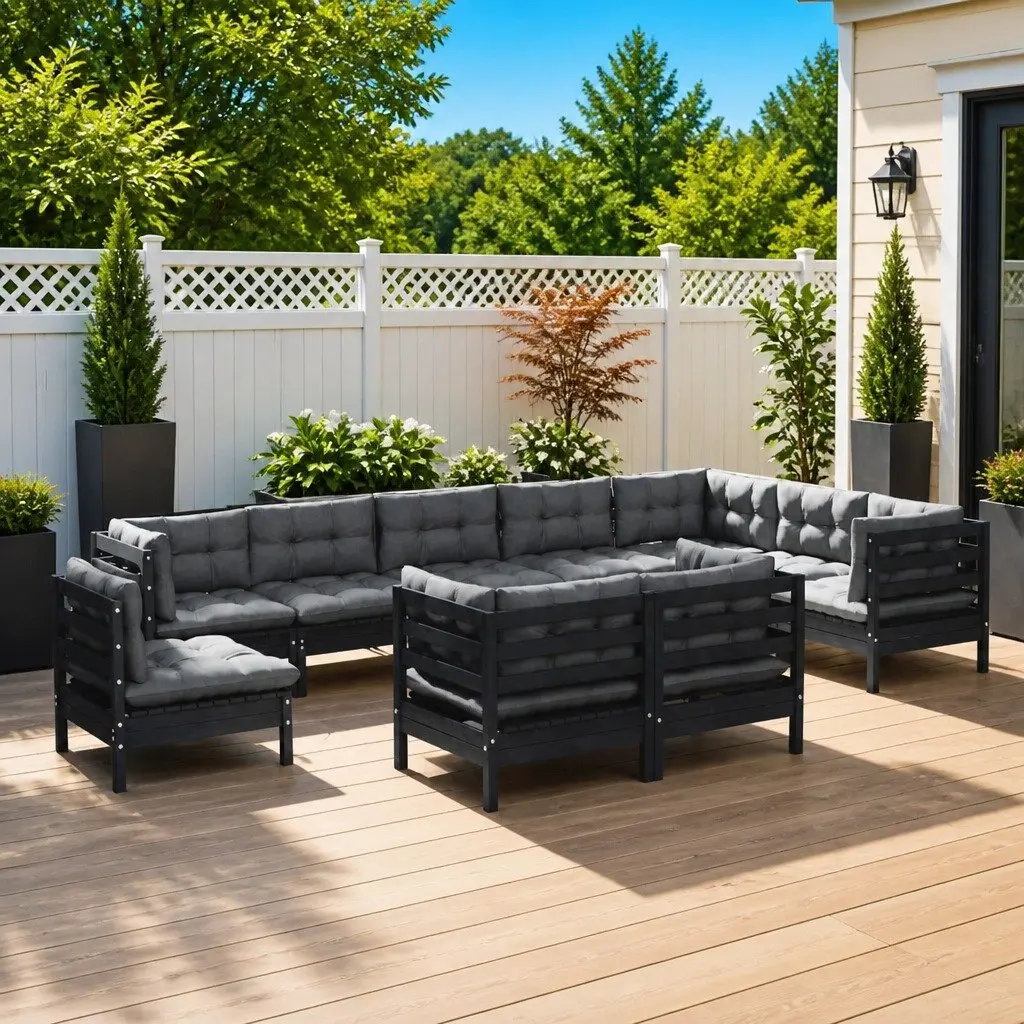 Garden Lounge Set 10 Piece Outdoor Patio Furniture Modular Black with Cushions