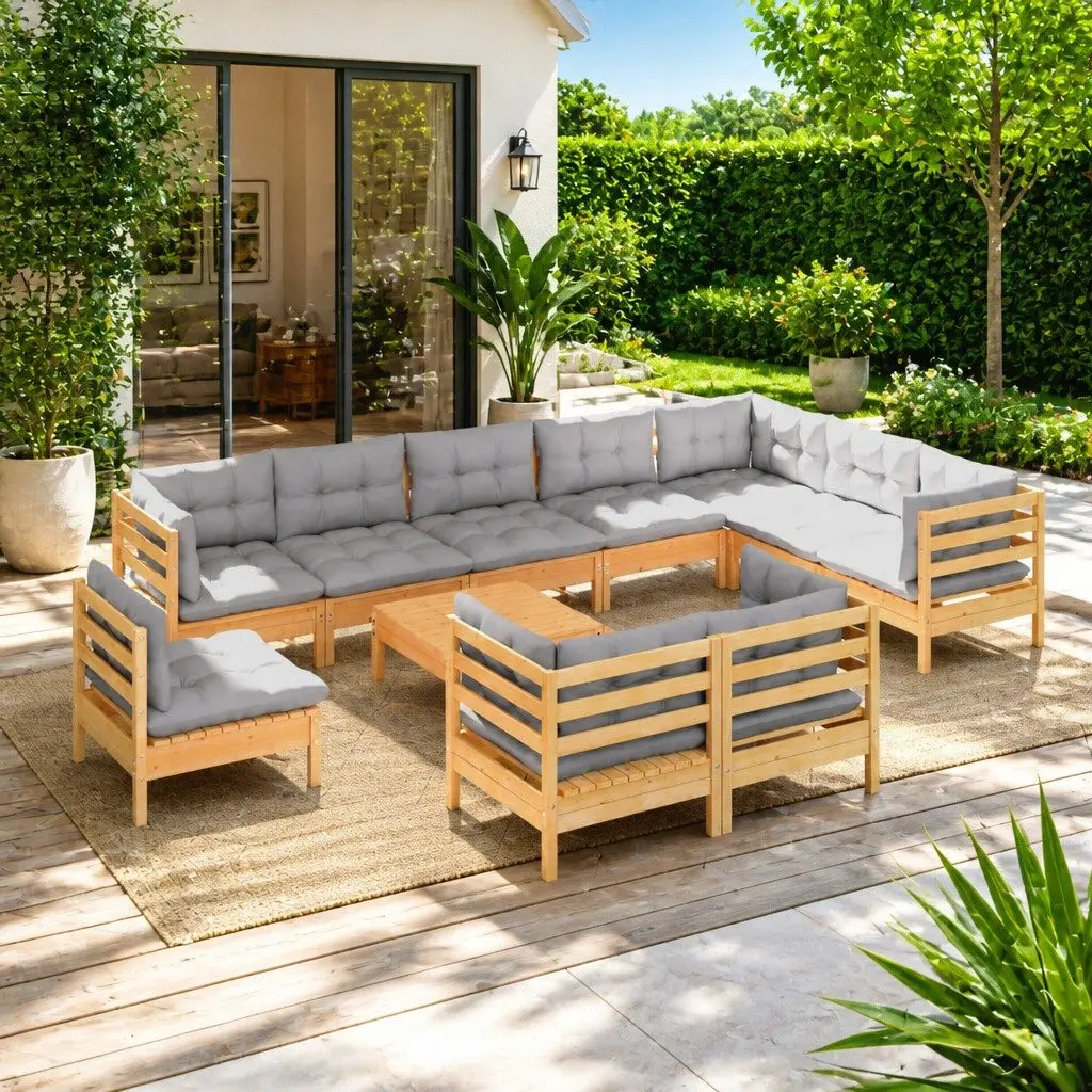Garden Lounge Set 11 Piece Patio Furniture Modular Solid Pinewood Grey Cushions