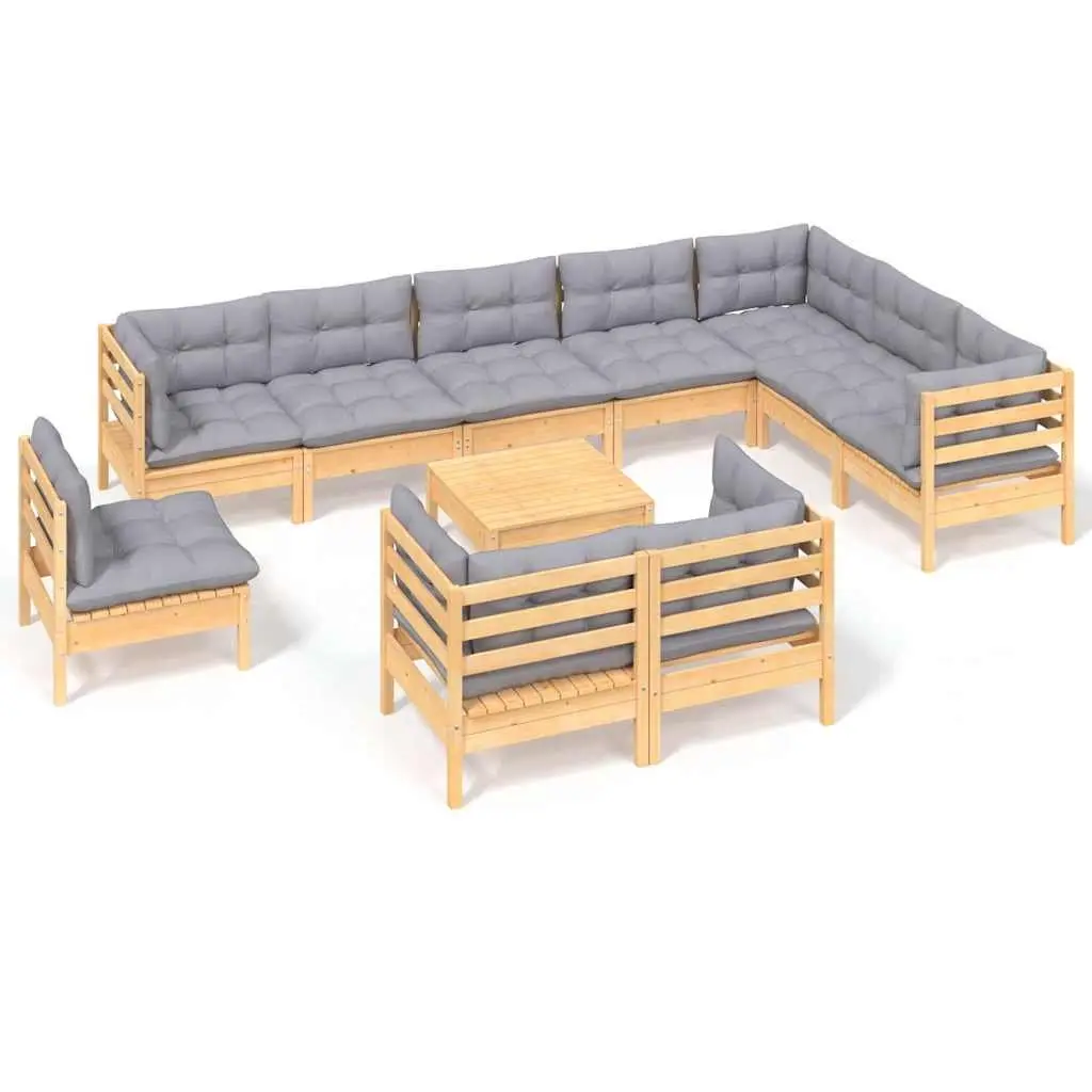 Garden Lounge Set 11 Piece Patio Furniture Modular Solid Pinewood Grey Cushions