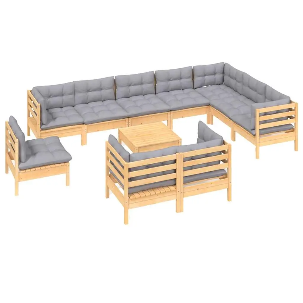 Garden Lounge Set 11 Piece Patio Furniture Modular Solid Pinewood Grey Cushions