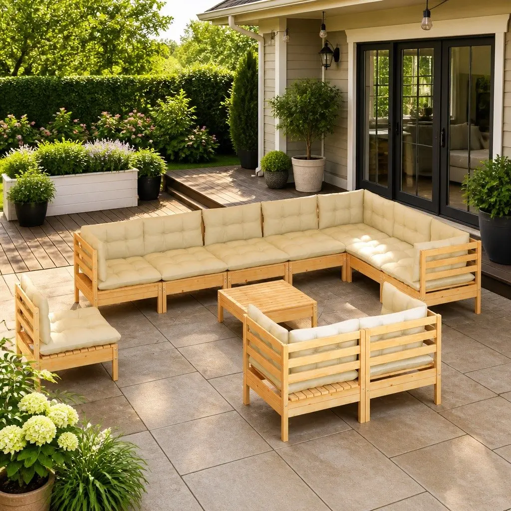 Garden Lounge Set 11 Piece Outdoor Patio Furniture Solid Pinewood Cream Cushions