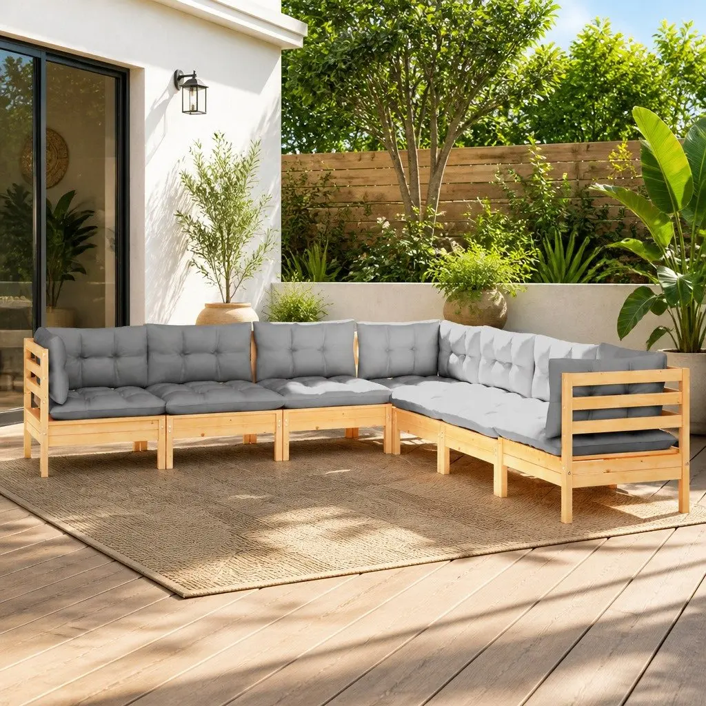 Garden Lounge Set 7 Piece Outdoor Patio Furniture Grey Cushions Pinewood