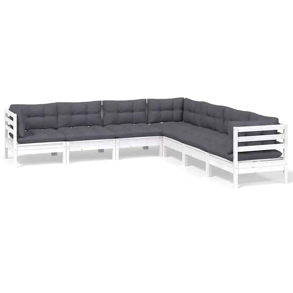 7 Piece Garden Lounge Set White Solid Pinewood Outdoor Patio Furniture with