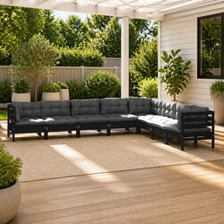 8 Piece Garden Lounge Set with Cushions Black Solid Pinewood Outdoor Patio