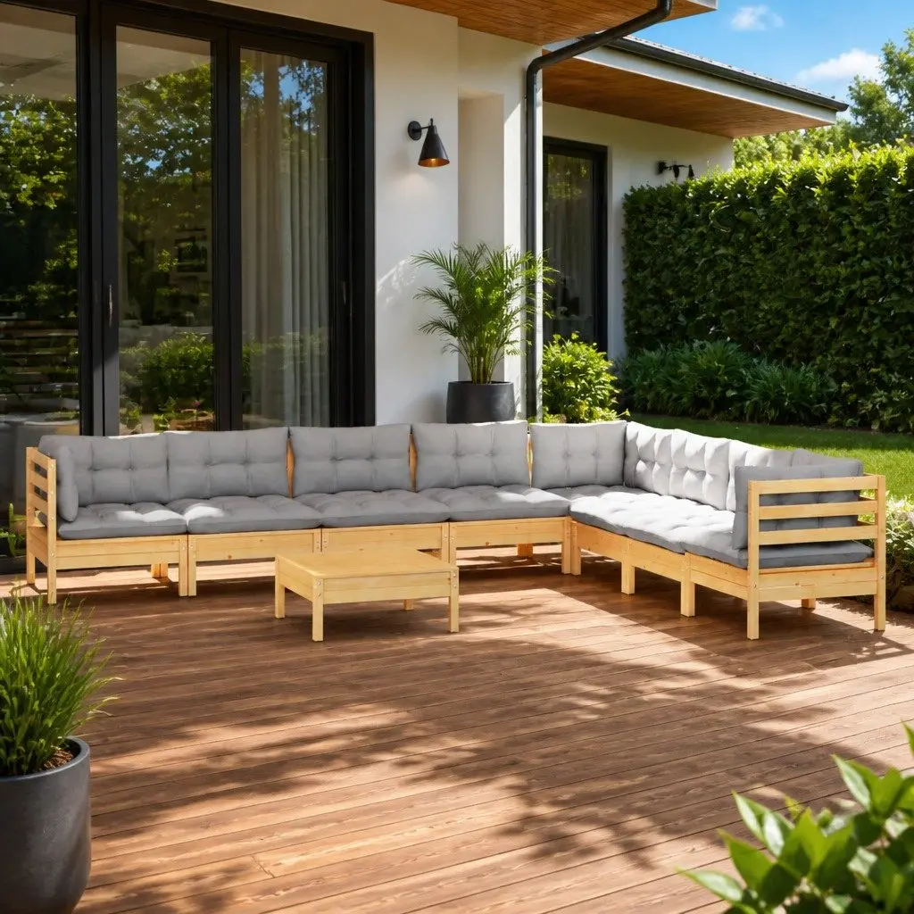 Garden Lounge Set Modular Outdoor Seating 9 Piece Grey Cushions