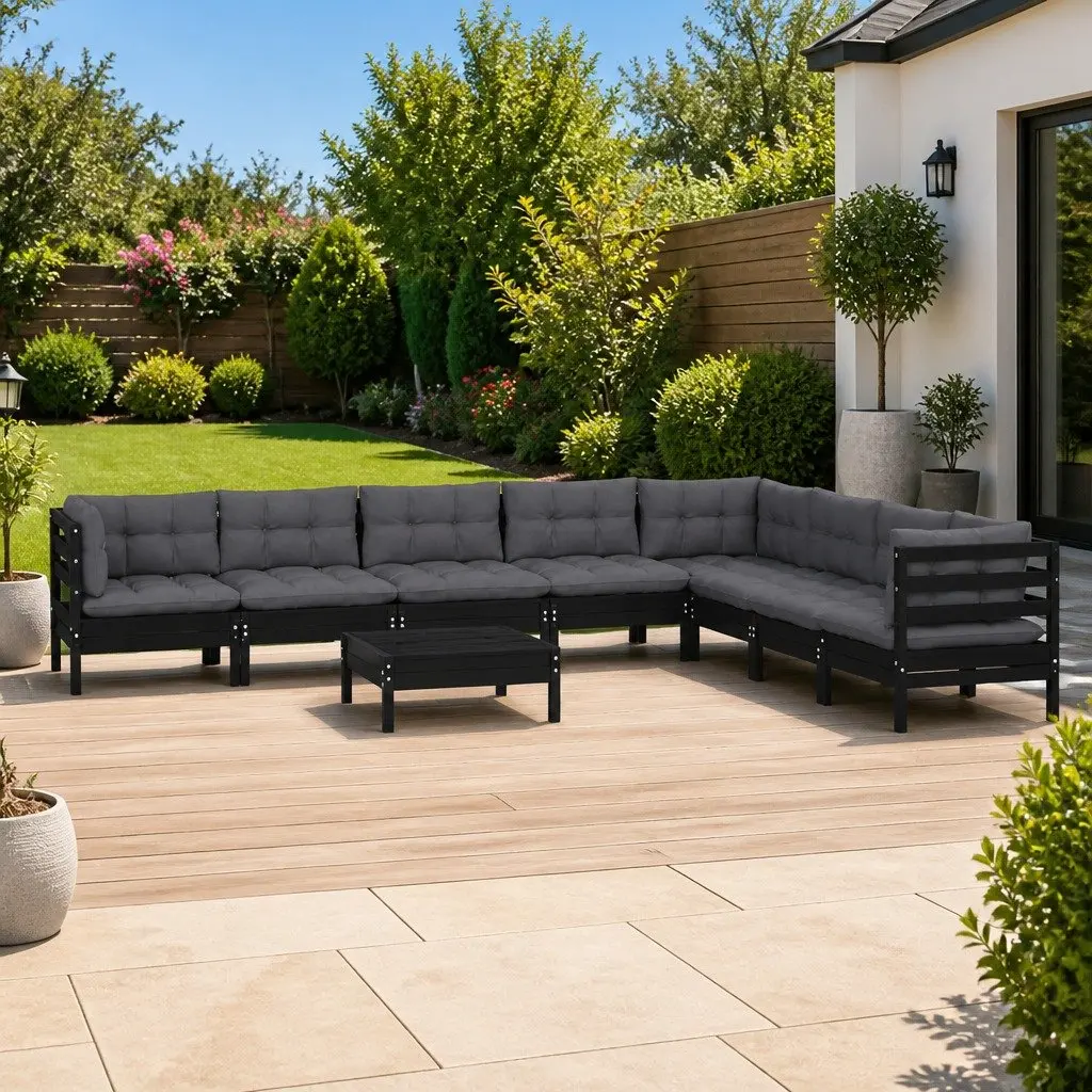 Garden Lounge Set 9 Piece Outdoor Furniture Solid Pinewood Black with Cushions