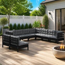 Reliable 9-Piece Black Garden Lounge Set with Cushions