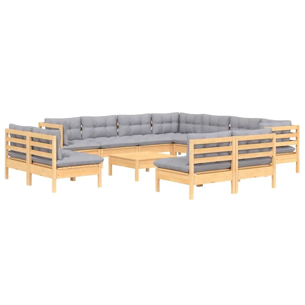 Garden Lounge Set 12 Piece Outdoor Patio Furniture Solid Pinewood Grey Cushions