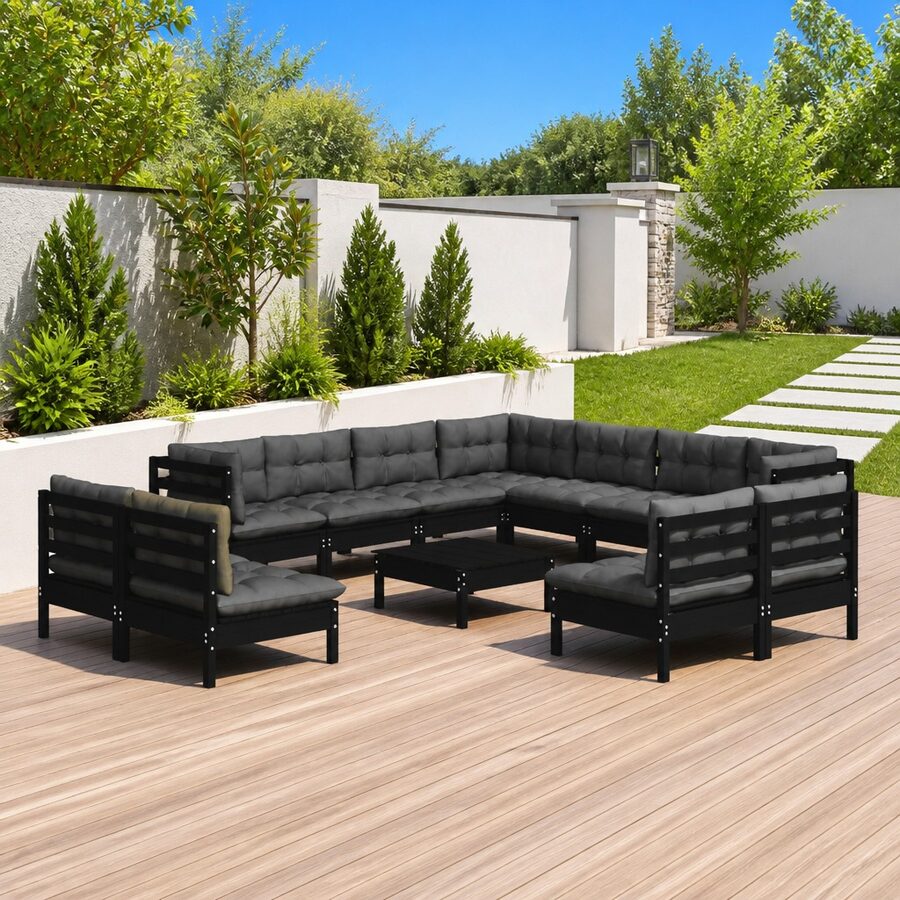 12-Piece Pinewood Outdoor Lounge Set with Cushions