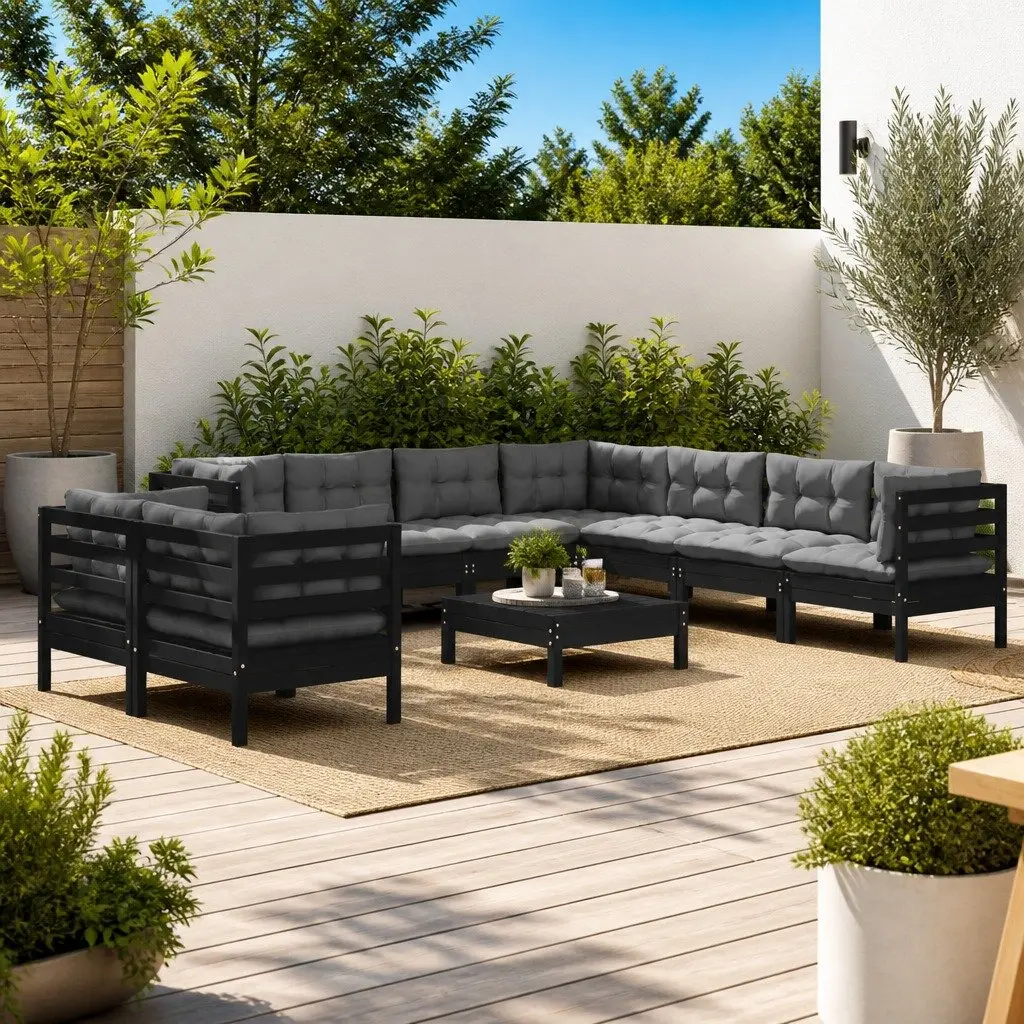 Garden Lounge Set Modular Outdoor Patio Furniture 10 Piece Black with Cushions