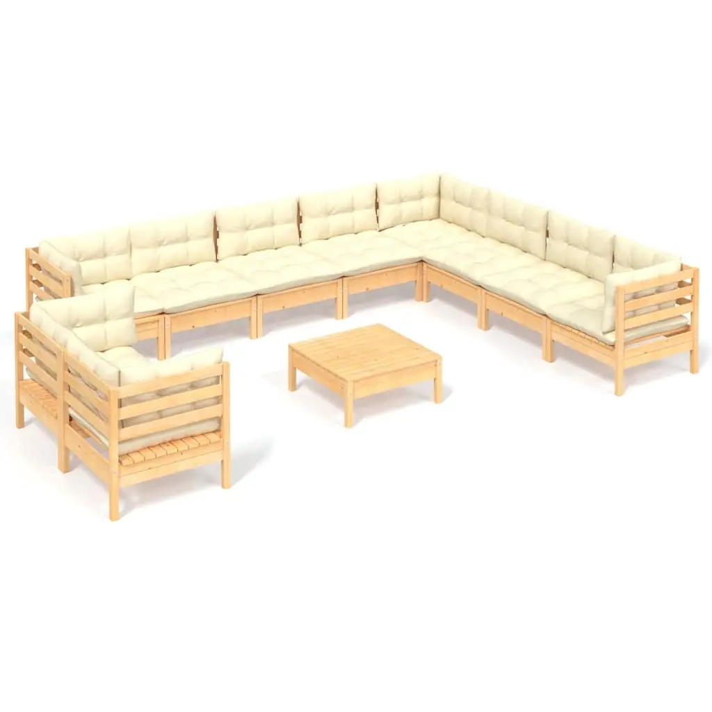 Garden Lounge Set 11 Piece Outdoor Patio Furniture Modular Cream Cushions Solid Pinewood