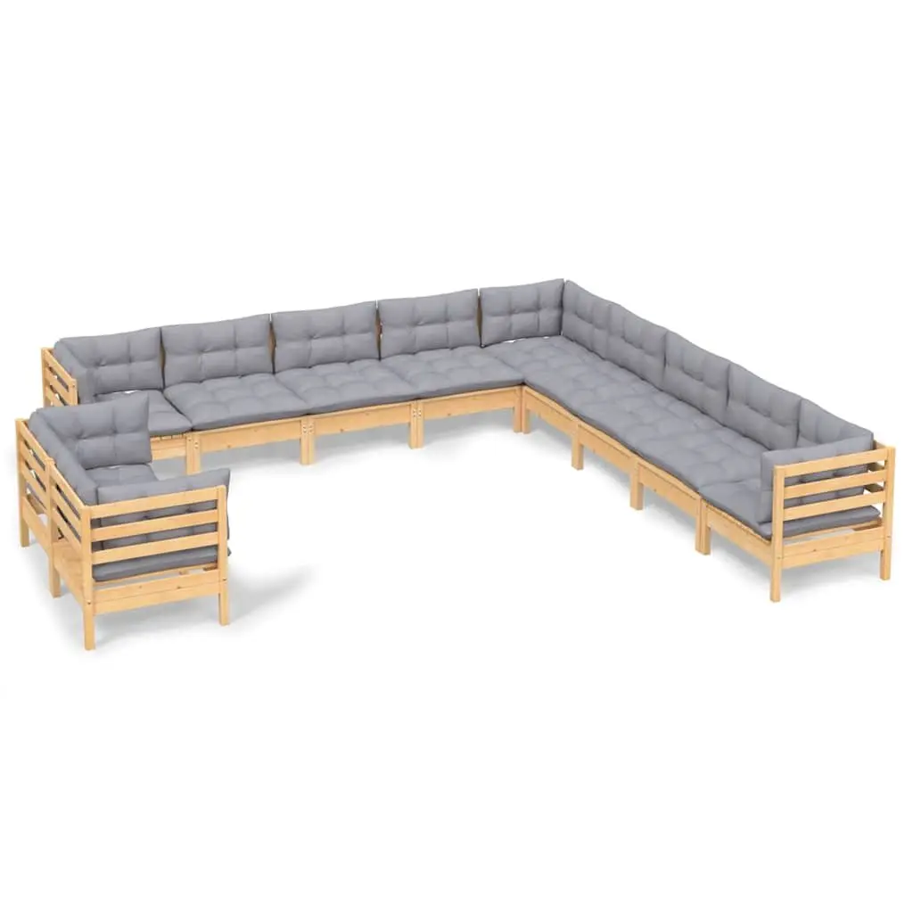Garden Lounge Set 11 Piece Outdoor Furniture Grey Cushions Solid Pinewood