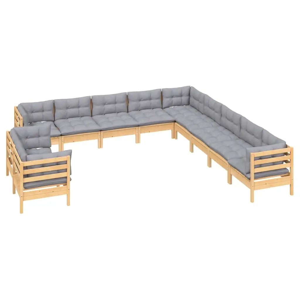 Garden Lounge Set 11 Piece Outdoor Furniture Grey Cushions Solid Pinewood
