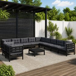 Garden Lounge Set 12 Piece Outdoor Furniture with Cushions Black Modular Patio