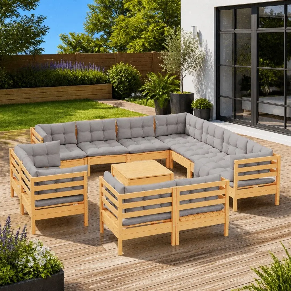 Garden Lounge Set 12 Piece Outdoor Furniture Patio Solid Pinewood Grey Cushions