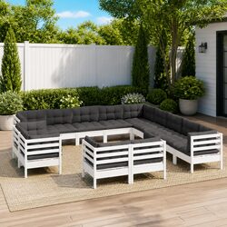 Garden Lounge Set 13 Piece White Solid Pinewood Outdoor Furniture with Cushions