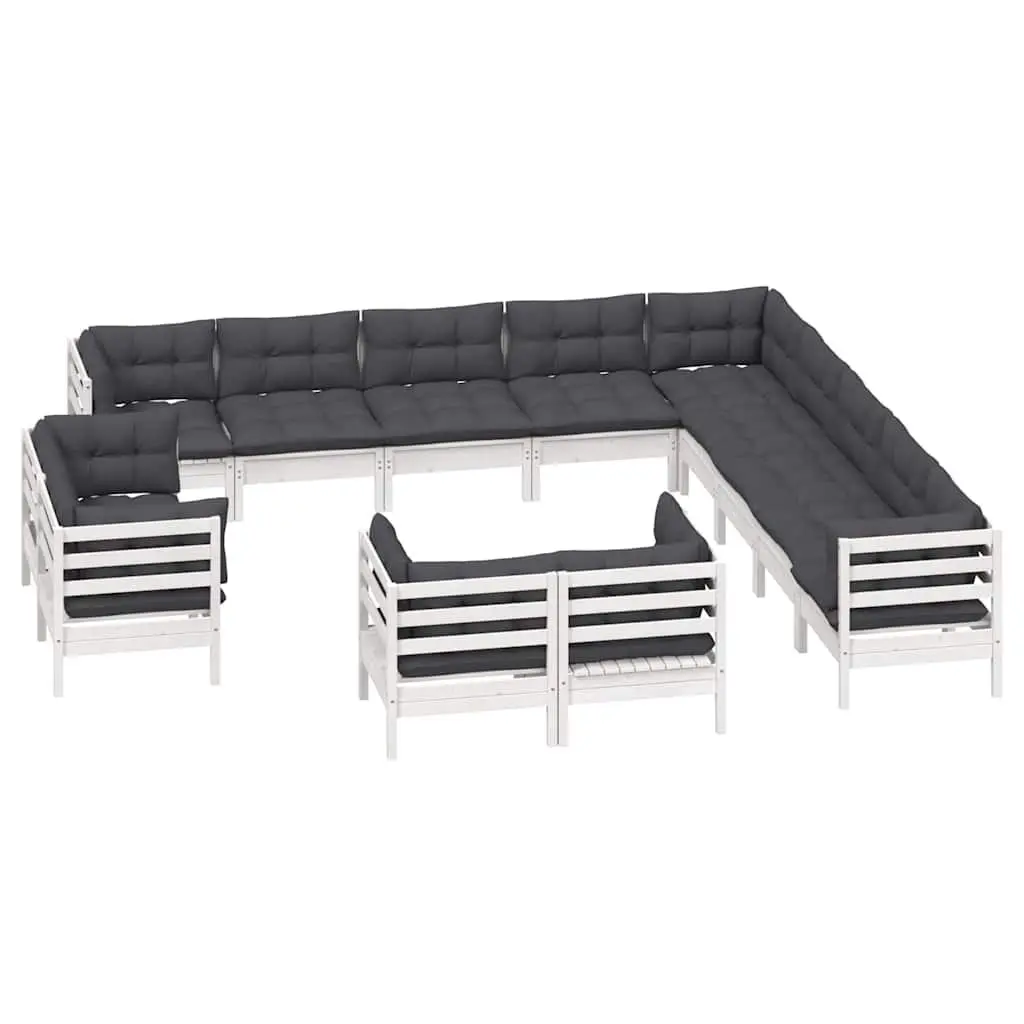 Garden Lounge Set 13 Piece White Solid Pinewood Outdoor Furniture with Cushions